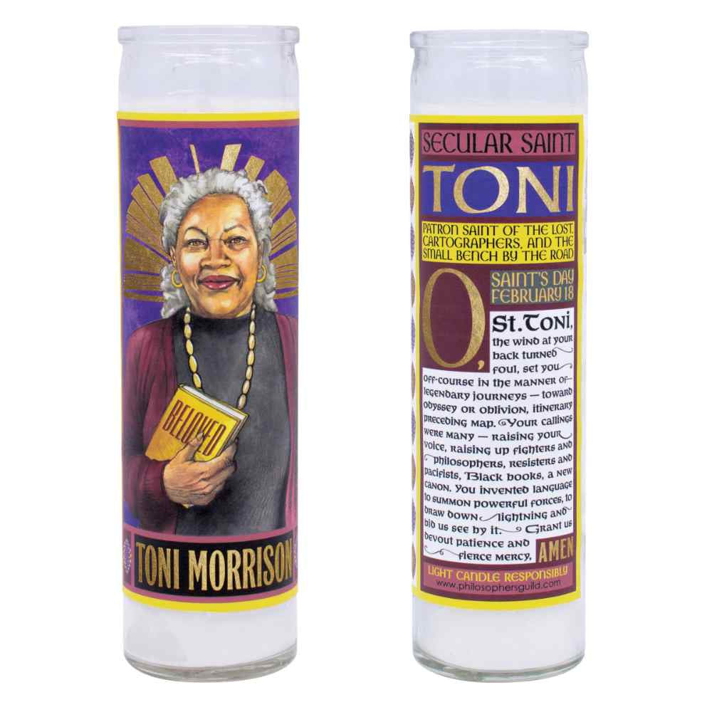 images of tall glass candles with labels.  On the left is the front with a drawing of Toni Morrison holding a copy of her book Beloved.  On the back is an inspirational type of poem/prayer