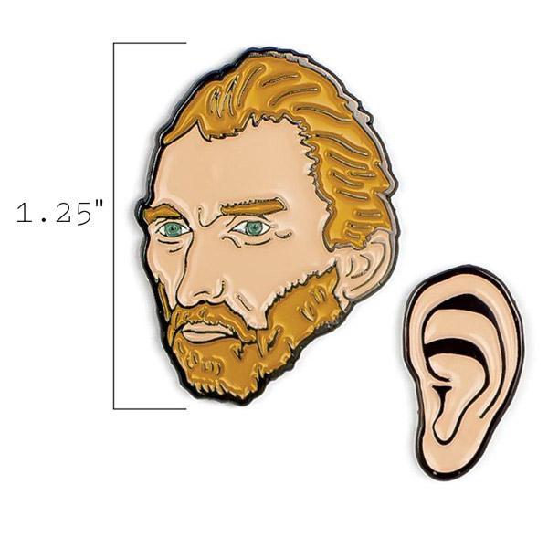 image of two pins:  one of Vincent Van Gogh&#39;s head, and another of an ear, with measurement of one and a quarter inch tall Vincent head pin