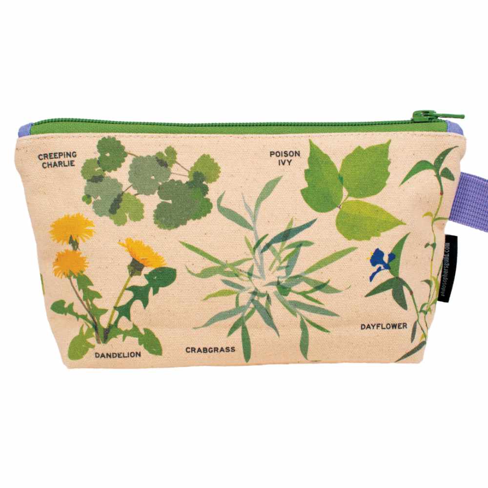 image of rectangular canvas bag with green zipper at top and drawings of creeping charlie, poison ivy, dandelion, crabgrass and dayflower plants on it