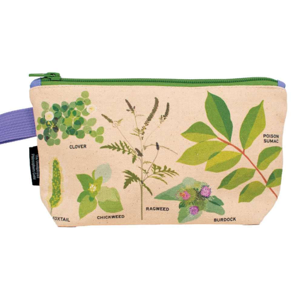 image of rectangular canvas bag with a green zipper at the top and drawings of clover, chickweed, ragweed burdock, poison sumac and foxtail plants