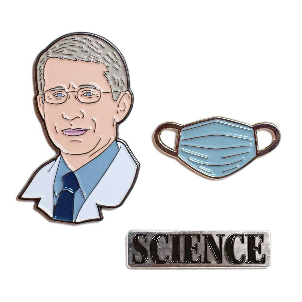 set of 3 pins: one of Dr Fauci's head, one of a medical mask, and one that says Science