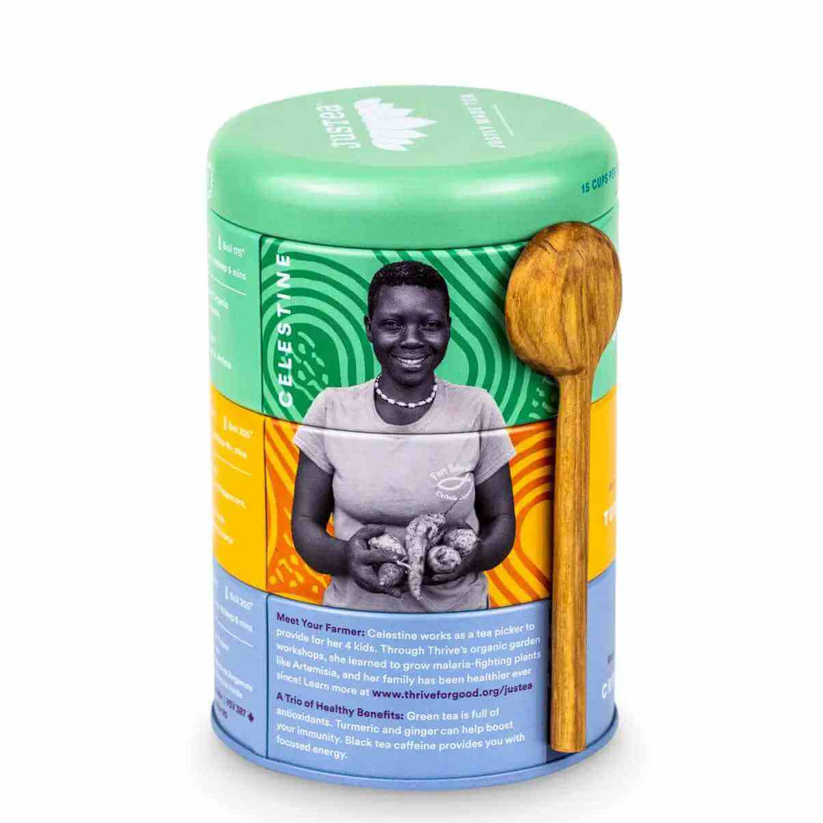 image of back side of three section tea tin, showing an image of a woman holding products across the top two sections, with a description on the bottom section.  Wooden spoon attached to side