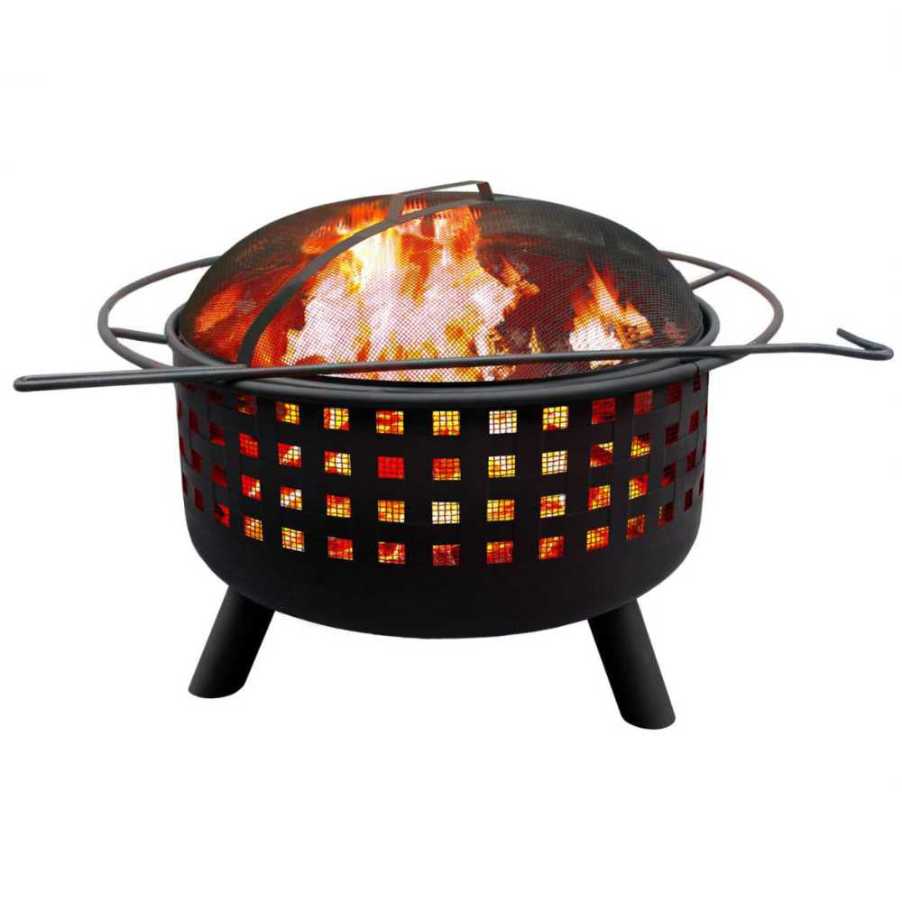 round black metal firepit with legs and multiple square holes on side to view fire.  Domed screen top and iron poker sitting on top.