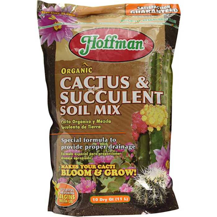 image of bag of cactus soil with images of various cacti, Hoffman logo in red and green and descriptions in yellow or white text