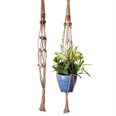 image of natural jute macrame plant hanger on left, with the same hanger on the right side shown with a blue ceramic plant holding a mix of foliage plants