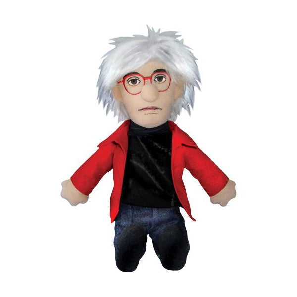 image of andy warhol doll with red jacket, blue jeans, black turtleneck, red eyeglasses and a shock of white hair