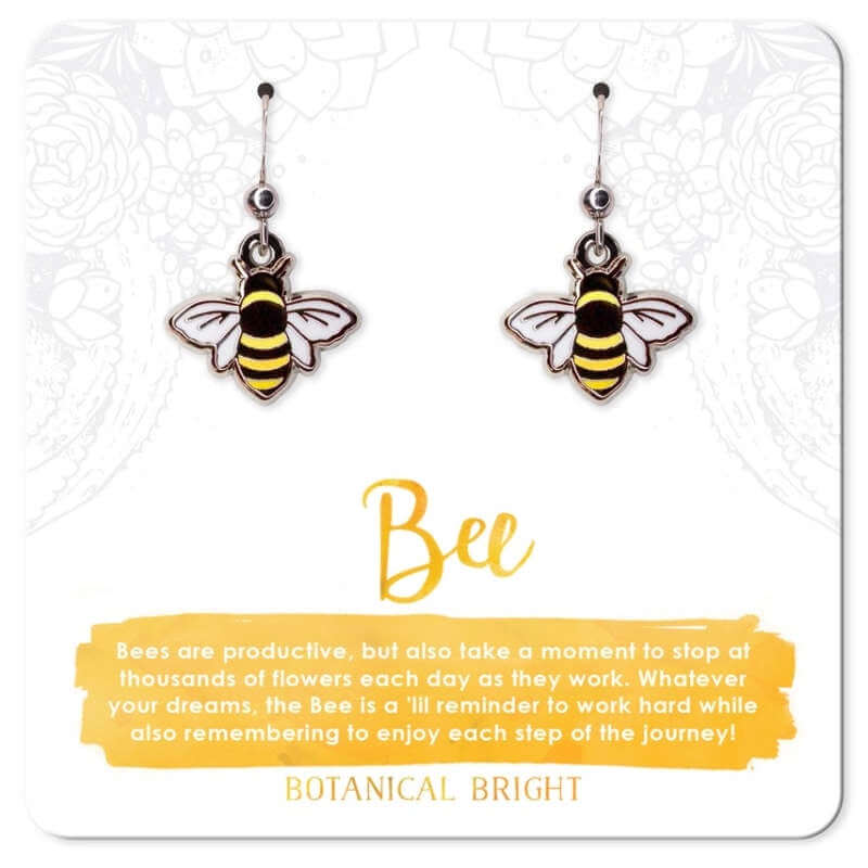 image of two bee shaped enamel earrings on a white card with yellow lettering