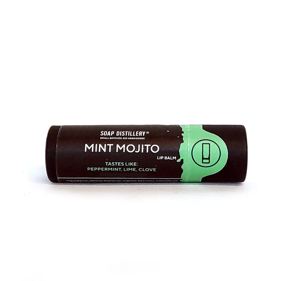 brown and mint green tube with soap distillery logo, and mint mojito lip balm printed on the label