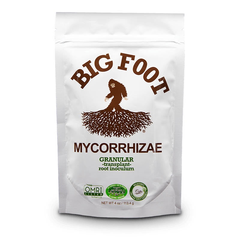 image of tall rectangular white plastic pouch in white with big foot mycorrhizae written in brown lettering