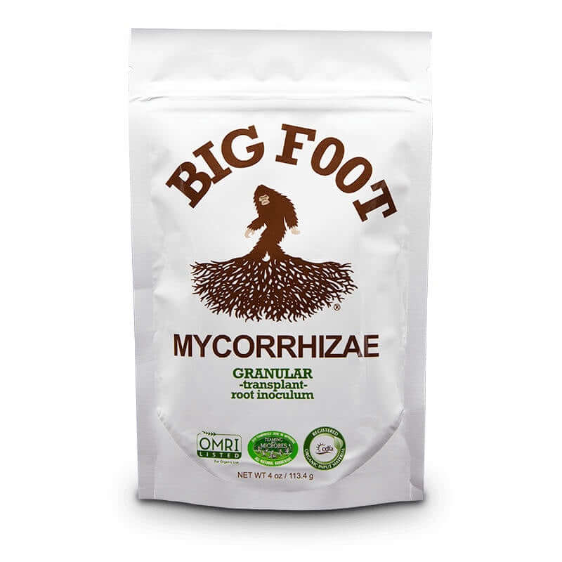 image of tall rectangular white plastic pouch in white with big foot mycorrhizae written in brown lettering