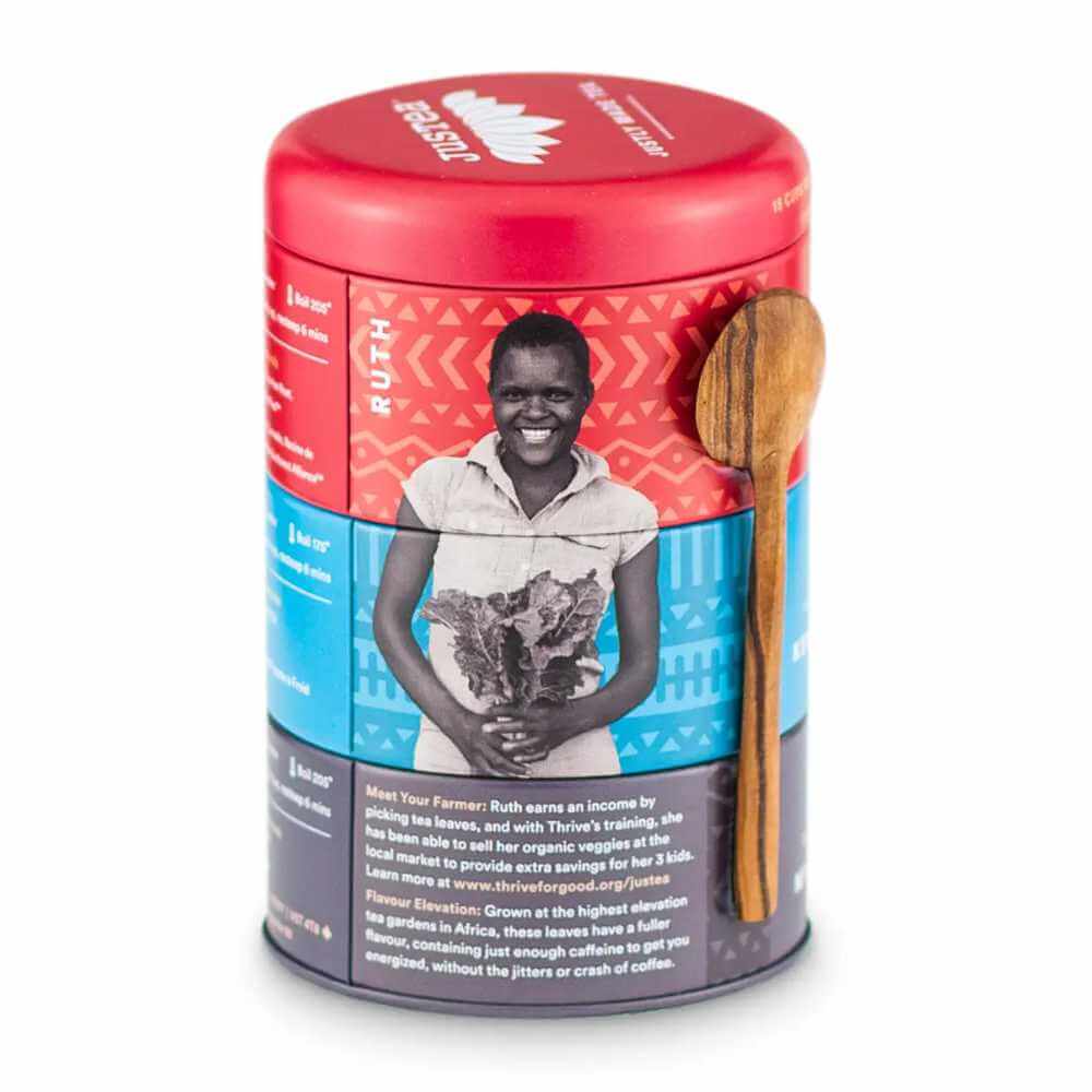 image of tall round tin in 3 sections plus lid.  Lid and top section is red, center section is sky blue, and bottom section is dark grey.  All three have the Justea logo and info on the specific teas.
