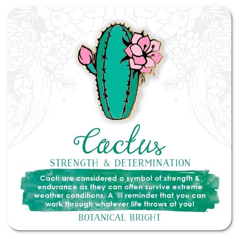 image of pin in the shape of a cactus in shades of aqua with two blooms in pink.  ON a card with description in aqua and white