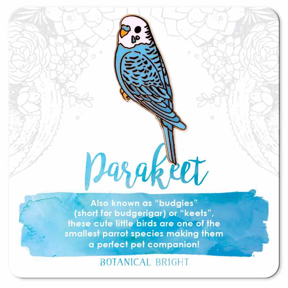 image of a blue parakeet enamel pin on a card with the description in white text on blue background