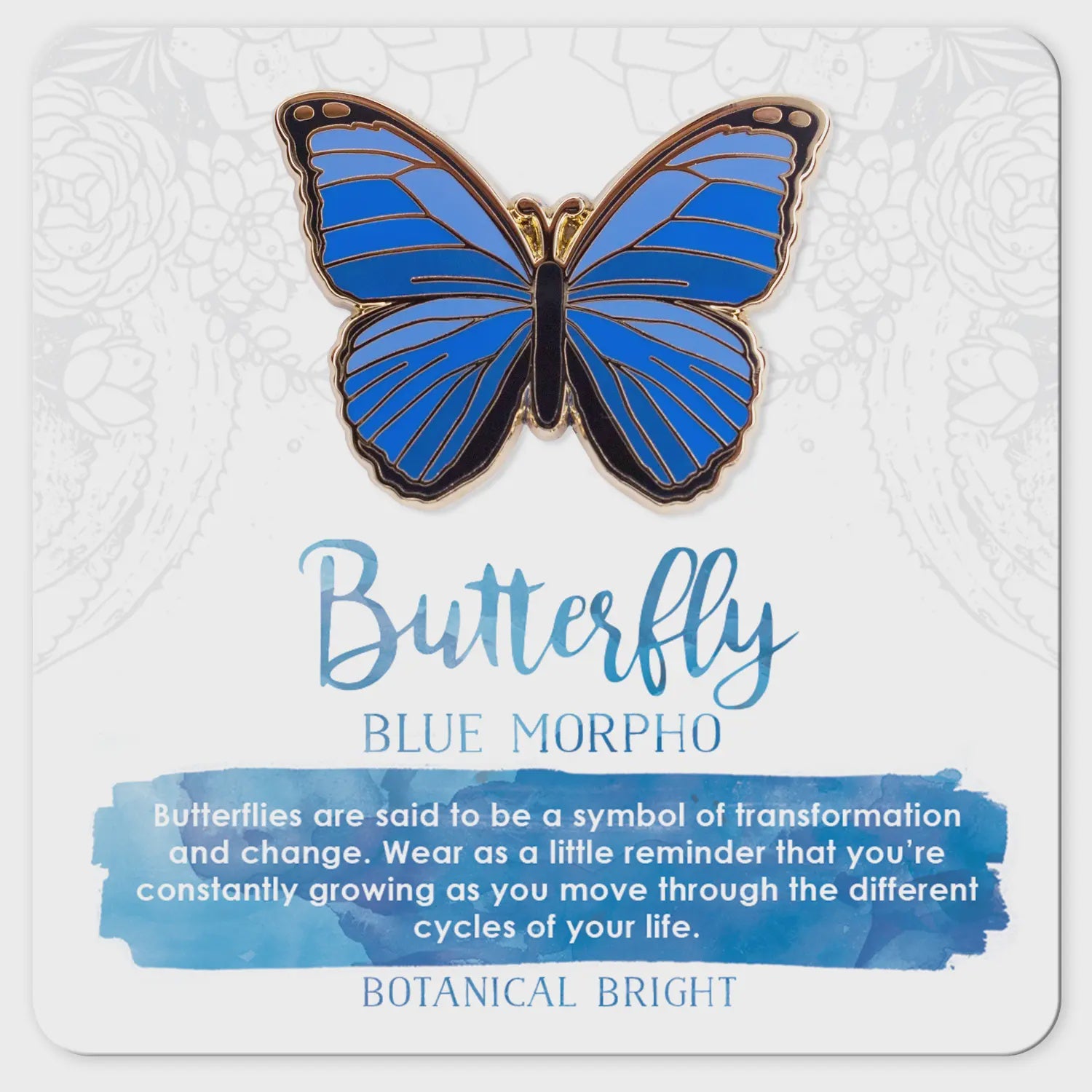 image of card with blue moth pin on it and description in blue