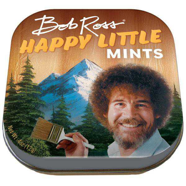 image of mint tin, square with round corners and an image of Bob Ross painting a mountain and trees