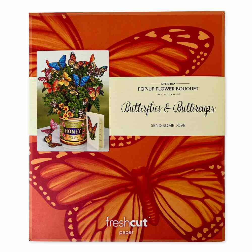 image of the large envelope the flat bouquet comes in.  Two large butterflies in orange on an orange background are on the envelope, along with a photo of the fully opened bouquet with greeting card