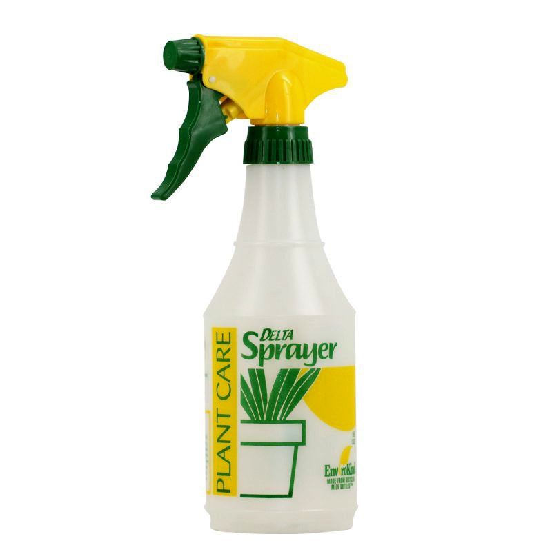 photo of spray bottle made of translucent plastic with yellow and green plastic sprayer and yellow and green "Plant Care Delta Sprayer" written on the bottle