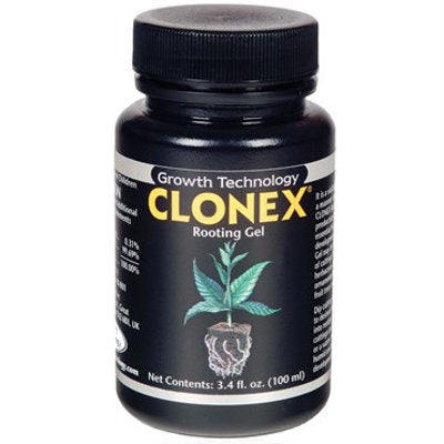 black jar with yellow Clonex logo and drawing of plant