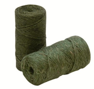 photo of two rolls of green twine, one standing on end and the other laying on its side