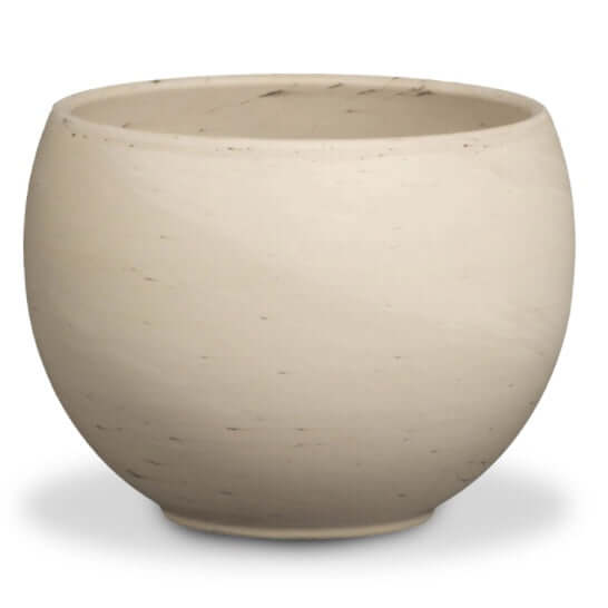 globe shaped planter in off white clay with small darker speckles.  Opening at top.