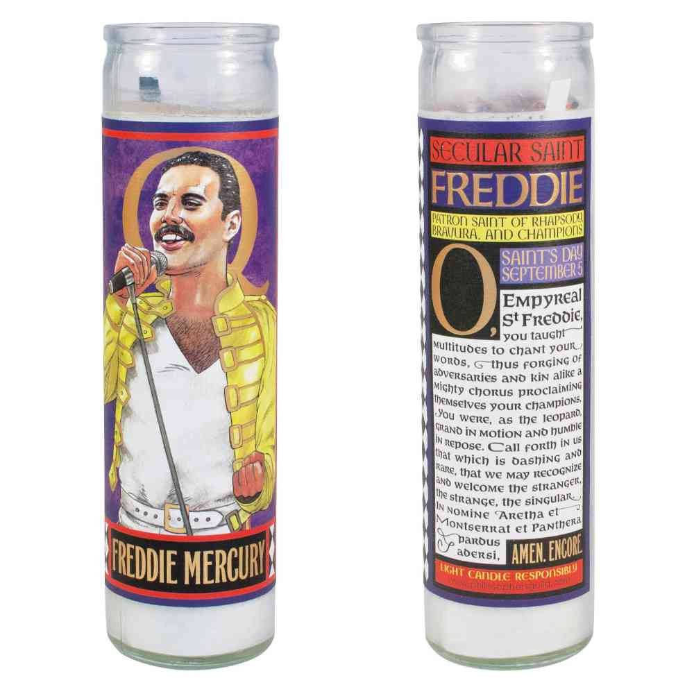 image of tall glass candle with drawing of Freddy Mercury on the front, and an image of the back of the candle with a humorous prayer for Freddy Mercury