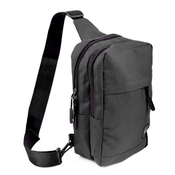 image of vertically rectangle nylon bag with zippers and shoulder strap in charcoal color