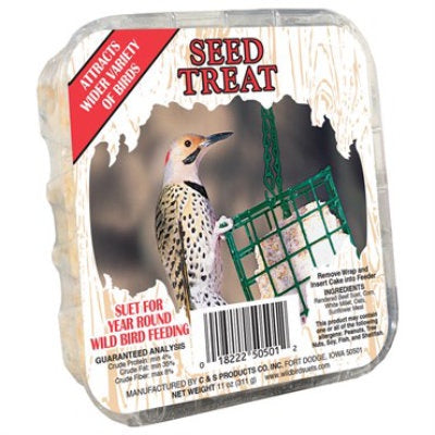 image of square package with rounded corners.  photo of a bird on a suet feeder and information on the product in black and red text