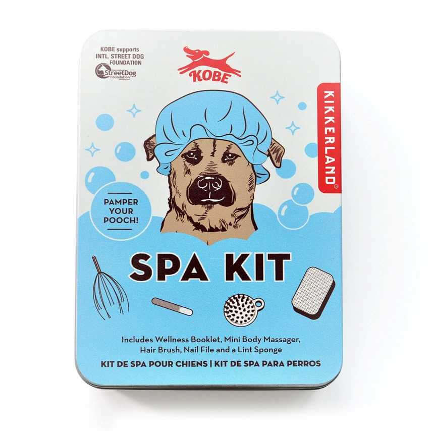 image of spa kit box with a drawing of a dog with a shower cap on
