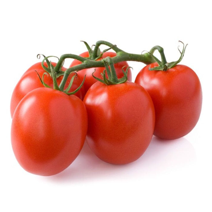 image of five large slightly oblong red tomatoes on a single vine, against a white background