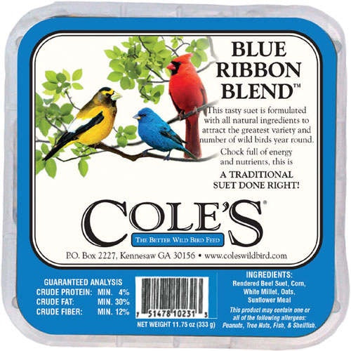 image of front of package with drawings of three birds--yellow blue and a red cardinal, with information on product in black on white background.