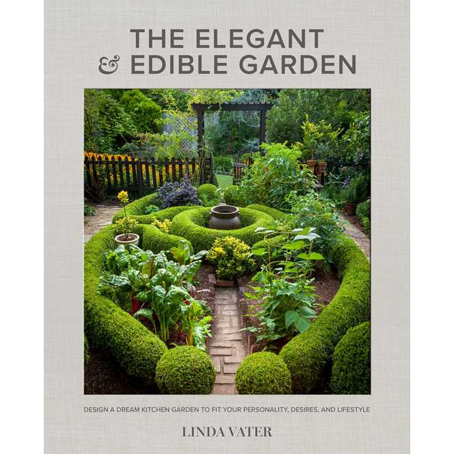 image of cover of book showing a garden with sculpted boxwood and several different edible plants, with a fence and arbor in the background