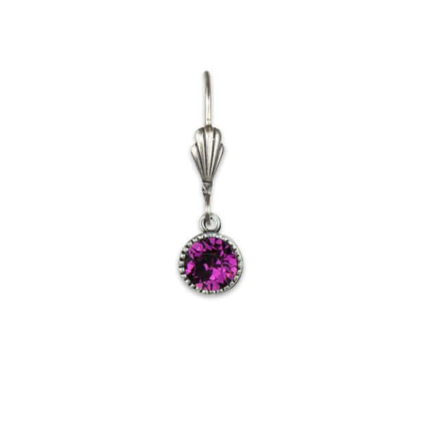 image of small dangle earring with a round deep red jewel