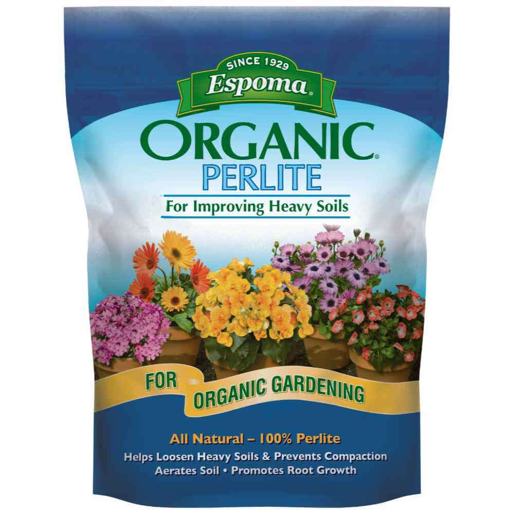 image of bag with dark blue bands on the top and bottom, logo and description in blue white green and yellow, with images of potted flowers in pink, yellow and orange
