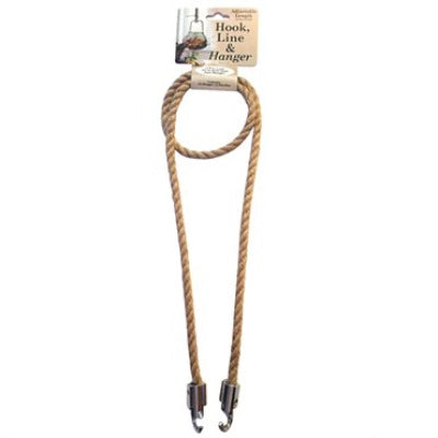 photo of jute rope with metal hooks at each end, looped in center and attached to hang card label