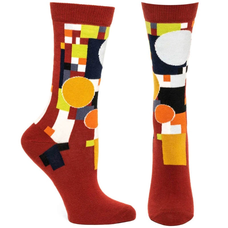 tall red socks with multi color geometric design