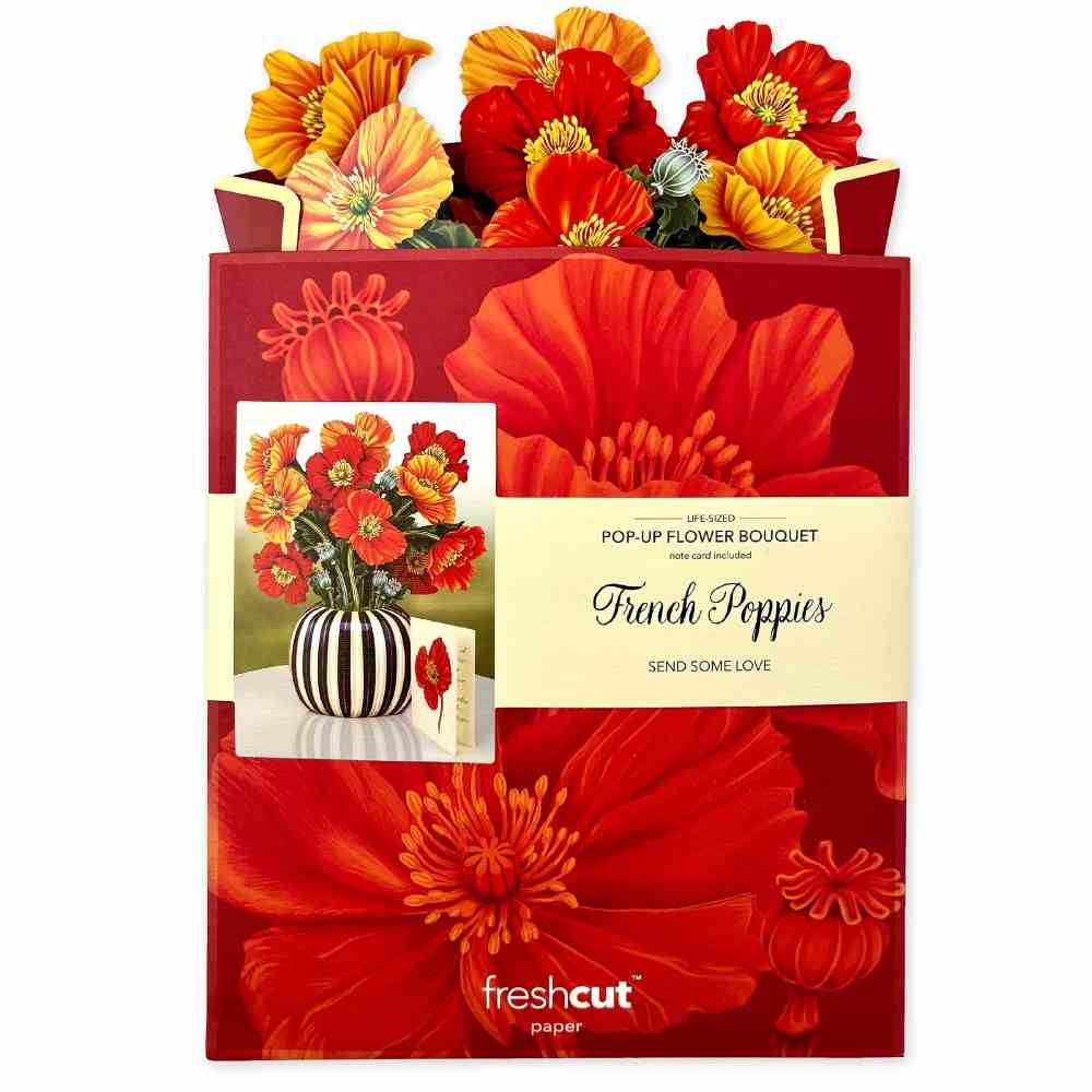 image of paper bouquet flat and peeking out of the top of the large envelope is comes in.  Envelope has large image of poppies in medium and dark orange, and a photo of the bouquet fully opened