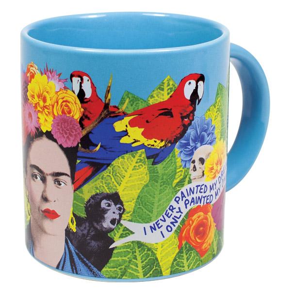 mug with colorful images of Friday, parrots, a monkey, skull, a quote and leaves and flowers