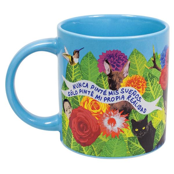 back of mug with images of leaves, flowers, her dog, her cat, a hummingbird and a quote in Spanish.