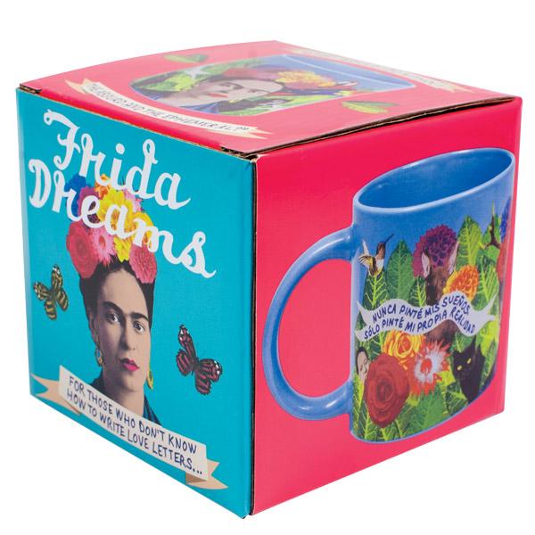 Colorful gift box for mug, showing image of Frida and an image of the mug