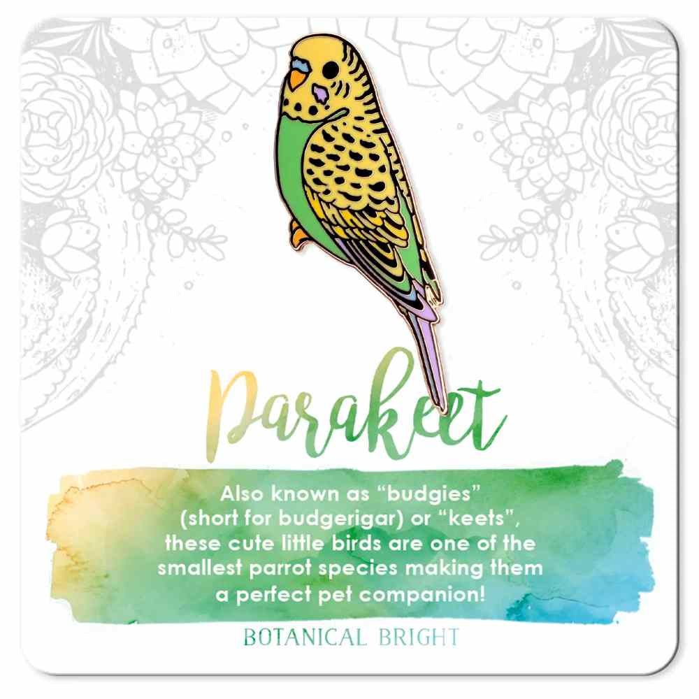 image of parakeet pin in yellow with green accents.  On a card with description