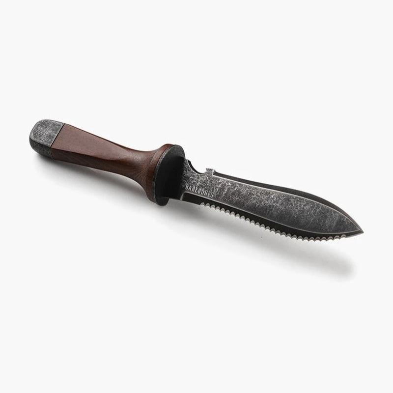image of the hori hori tool, showing wide metal blade honed on one side and serrated on the other, with heavy wooden handle
