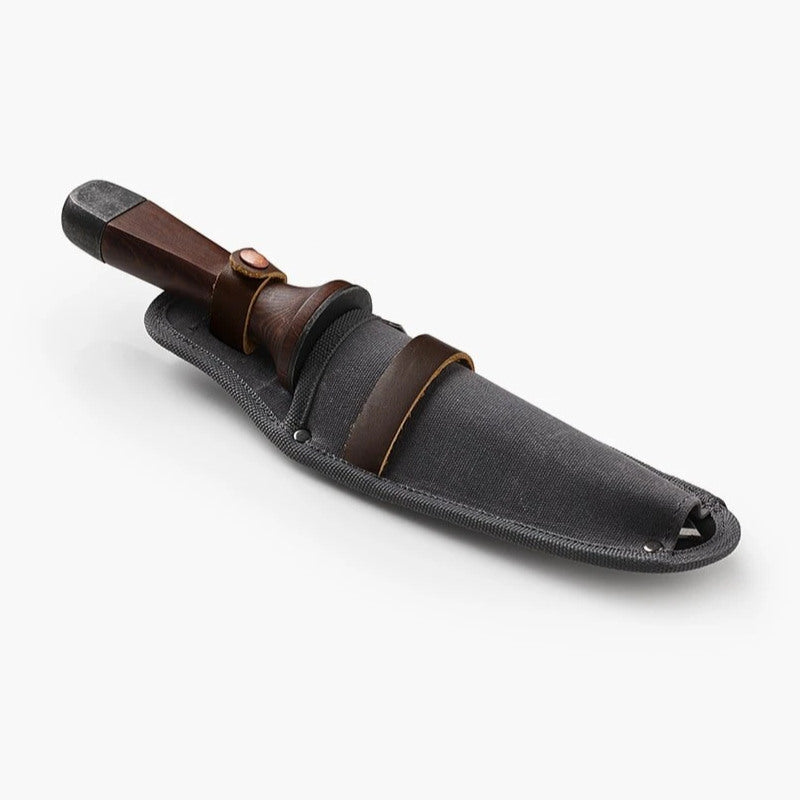 photo of hori hori knife with wide metal blade and wooden handle, next to a grey waxed canvase belt holster for the hori hori
