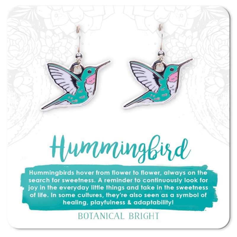 image of two hummingbird earrings in aqua with pink and white accents on a white card with aqua writing