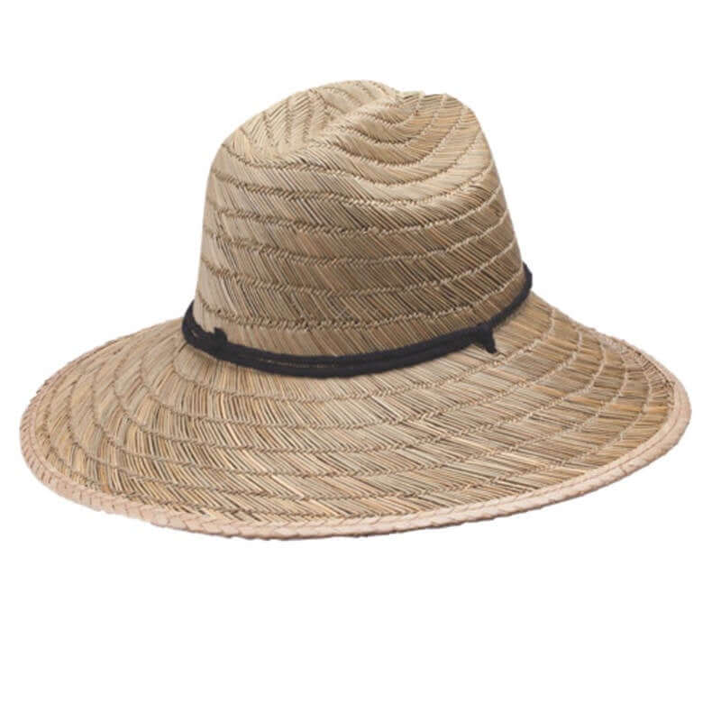 image of hat made of woven natural material with a brown cord around the crown