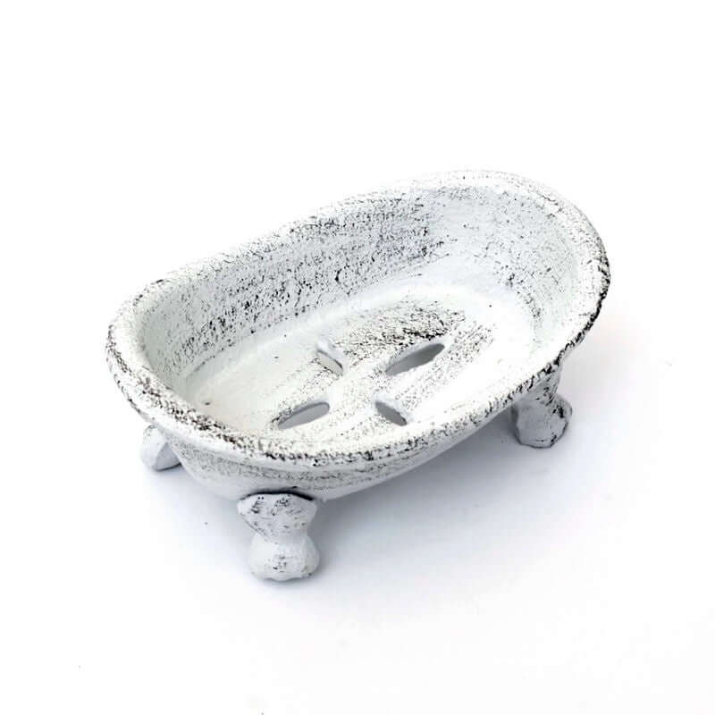 image of oval soap dish that looks like a claw foot bath tub with a distressed white finish