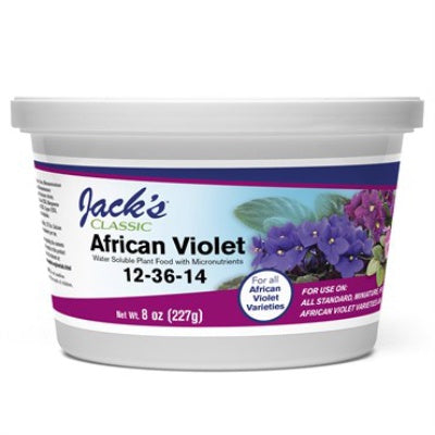 image of round white plastic tub with Jack&#39;s African violet label in white, blue and purple, with images of different color African violet blooms