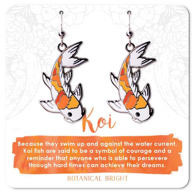 image of two koi fish earrings in white yellow orange and dark orange.  On a card with description written in orange