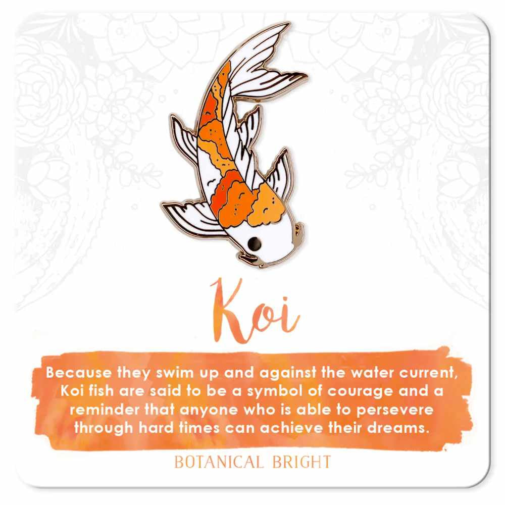 image of koi fish pin in three colors of orange with white.  On a card with description