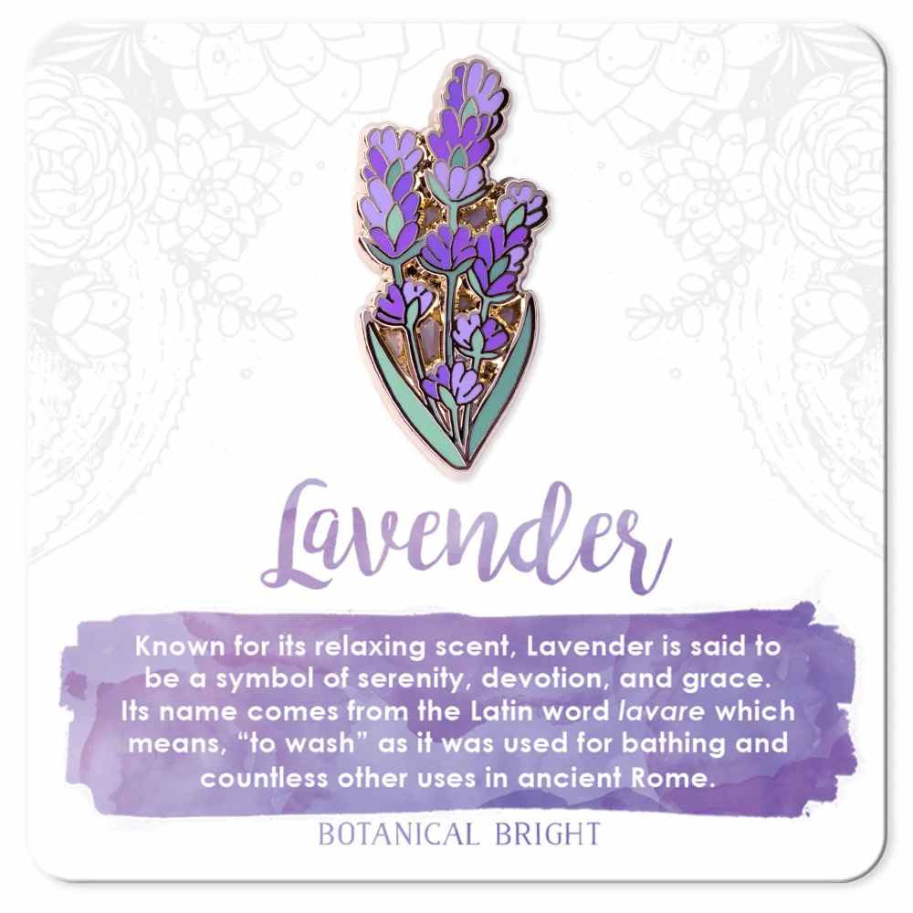image of lavender pin showing plant with multiple blooms in shades of purple.  On a card with description in lavender and white