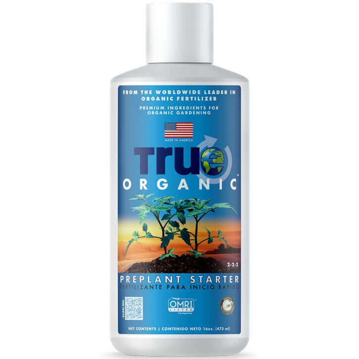 the label on a bottle of organic liquid fertilizer True Organic Liquid Preplant Starter 16 oz